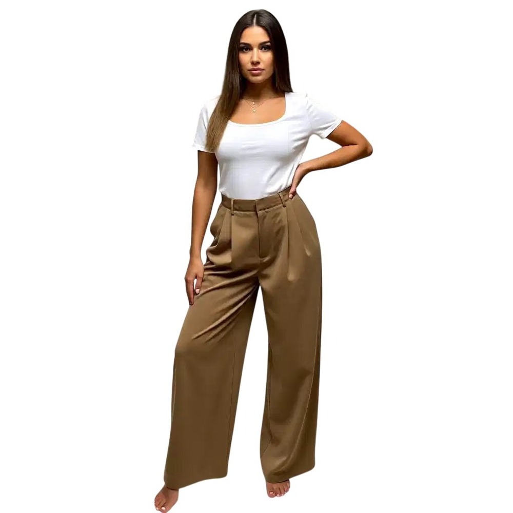 Tronjori High Waist Wide Leg‎ Pants Camel Tan Pleated Trousers 8 Short NWT